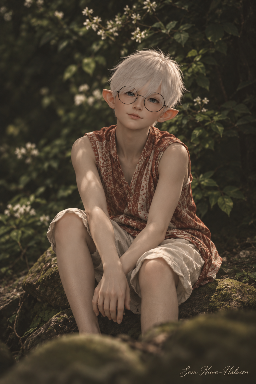 Sam seated on a mossy rock in muted woodland colours