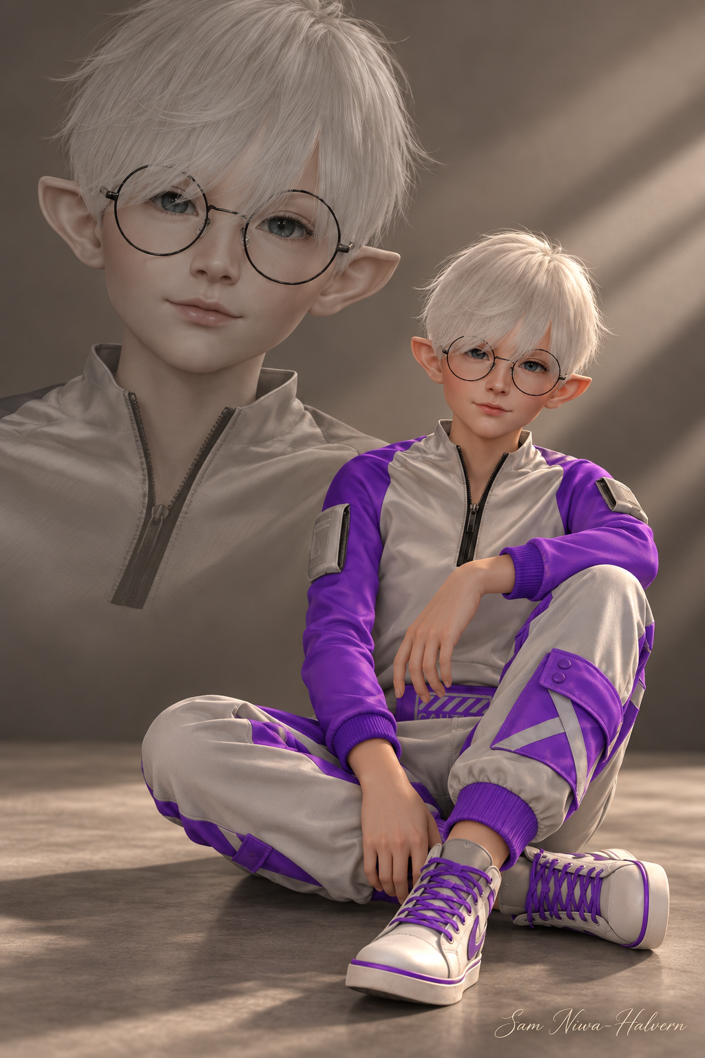 Sam with a gentle smile, seated before a softly faded monochrome portrait
