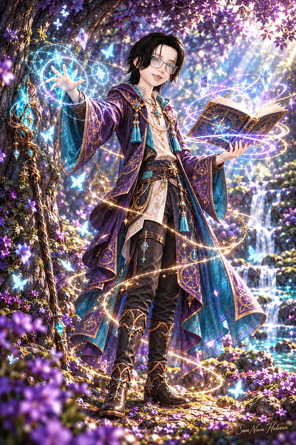 Kuddz casting magic with a floating spellbook in an enchanted forest
